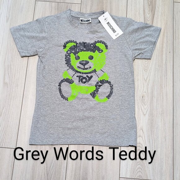 NWT Moschino T-Shirts Unisex Sizes 6Y to 7Y GREY WORDS TEDDY PRINT - Picture 1 of 1